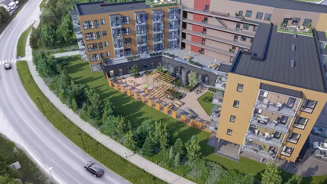 Leilighetene er plassert i plan 2, 3, 4 og 5 i et kombinasjonsbygg med næring. Det er felles uteområde både på bakkeplan og plan 2.