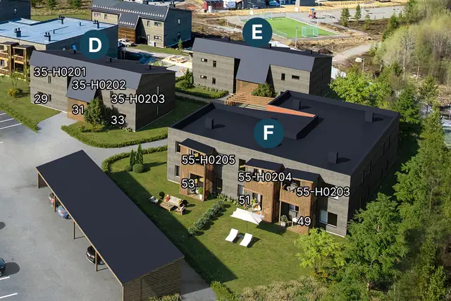 Bygg D og E består av 6 leiligheter hver, mens bygg F rommer 10 leiligheter.