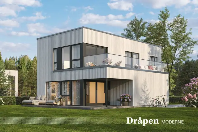 Kataloghuset "Dråpen" kan være et alternativ å bygge på eiendommen. Nøkkelferdig hus fra kr. 5.399.000,- eks tomt.