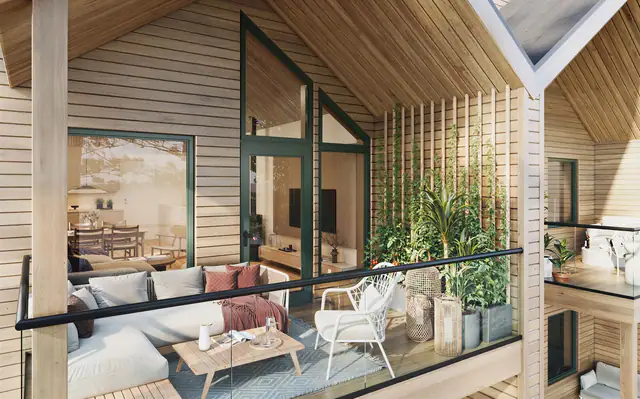 Alle boligene får terrasse med glassrekkverk