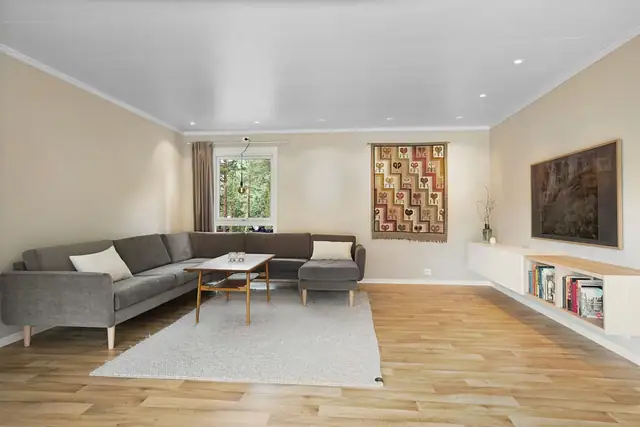 Stuen har rikelig med plass for en romslig sofakrok.